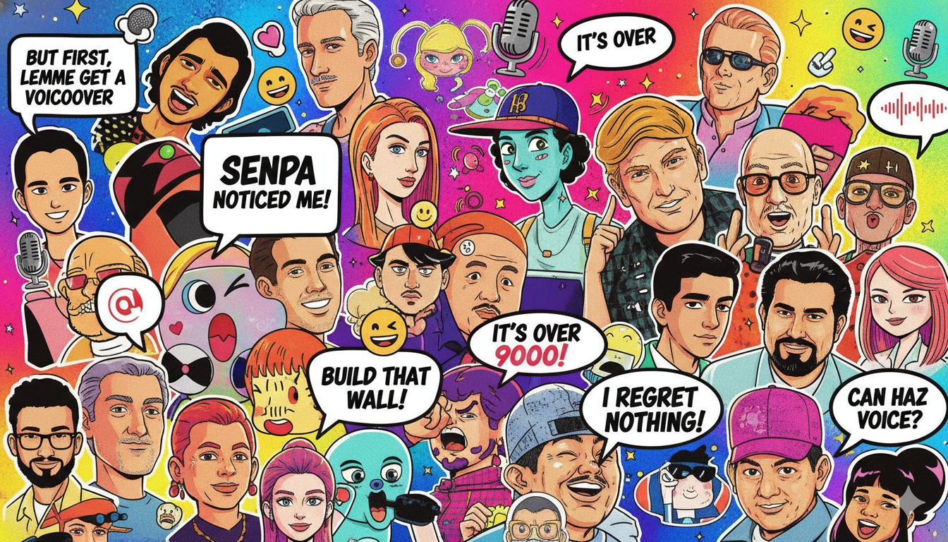 A colorful collage of abstract cartoon and celebrity faces with speech bubbles, representing FakeYou's community-driven voice library.