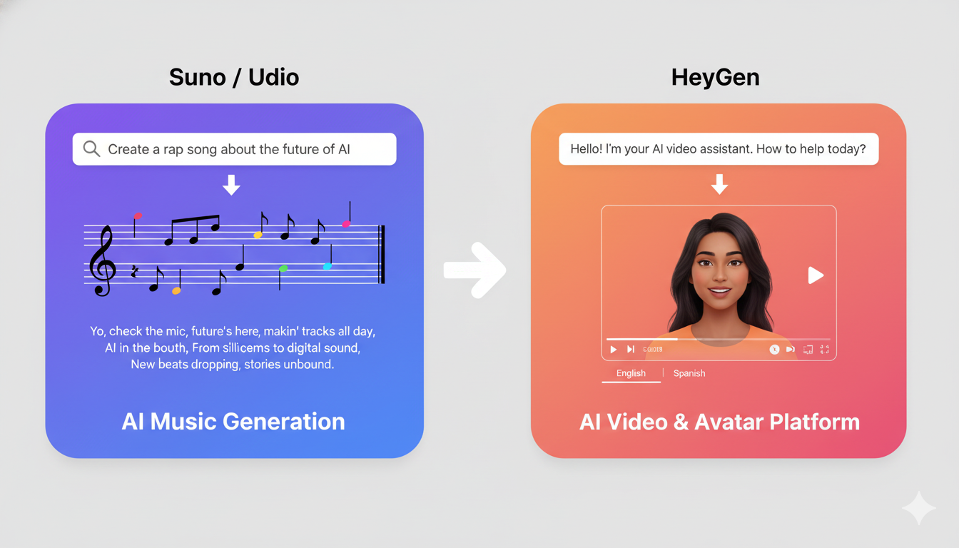 A split-panel graphic showing Suno AI creating music from a prompt and HeyGen creating a video with an AI avatar.