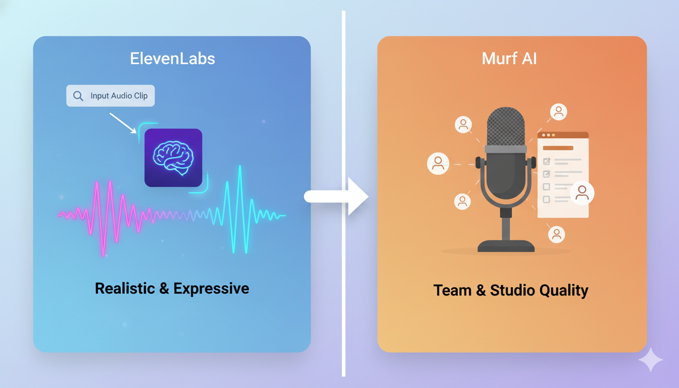 A split-panel graphic showing ElevenLabs creating expressive audio and Murf AI enabling team collaboration on voiceovers.