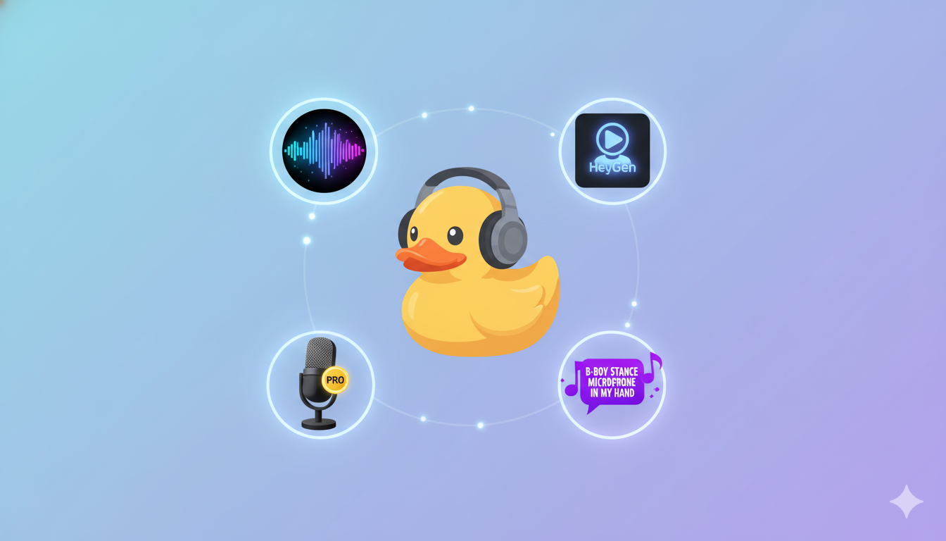 A central icon of a rubber duck with headphones, orbited by modern icons for AI voice and music generation alternatives.