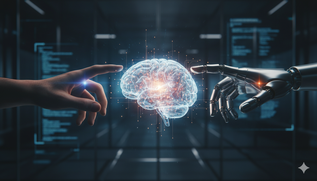 A futuristic image showing a human hand and a robot hand connecting, symbolizing the intersection of AI and human work.