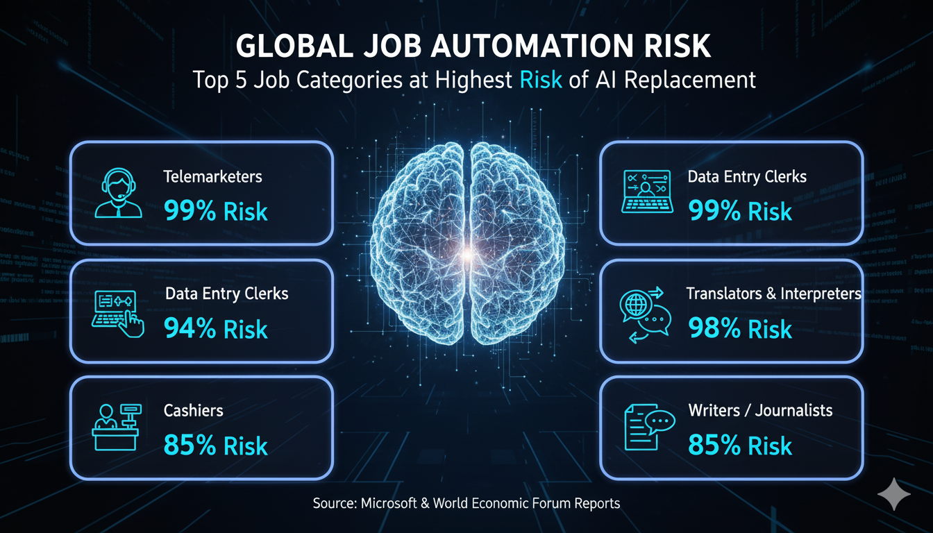 A visual ranking of the top 5 job categories at highest risk of AI replacement, with icons for each: Data Entry, Customer Service, Manufacturing, Telemarketing, and Translation