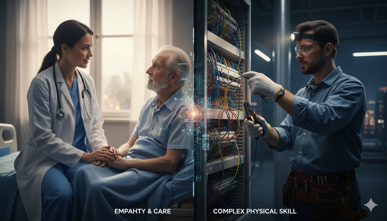 A split image showing a doctor comforting a patient on one side and a skilled electrician working on complex wiring on the other, highlighting human-centric and hands-on work.