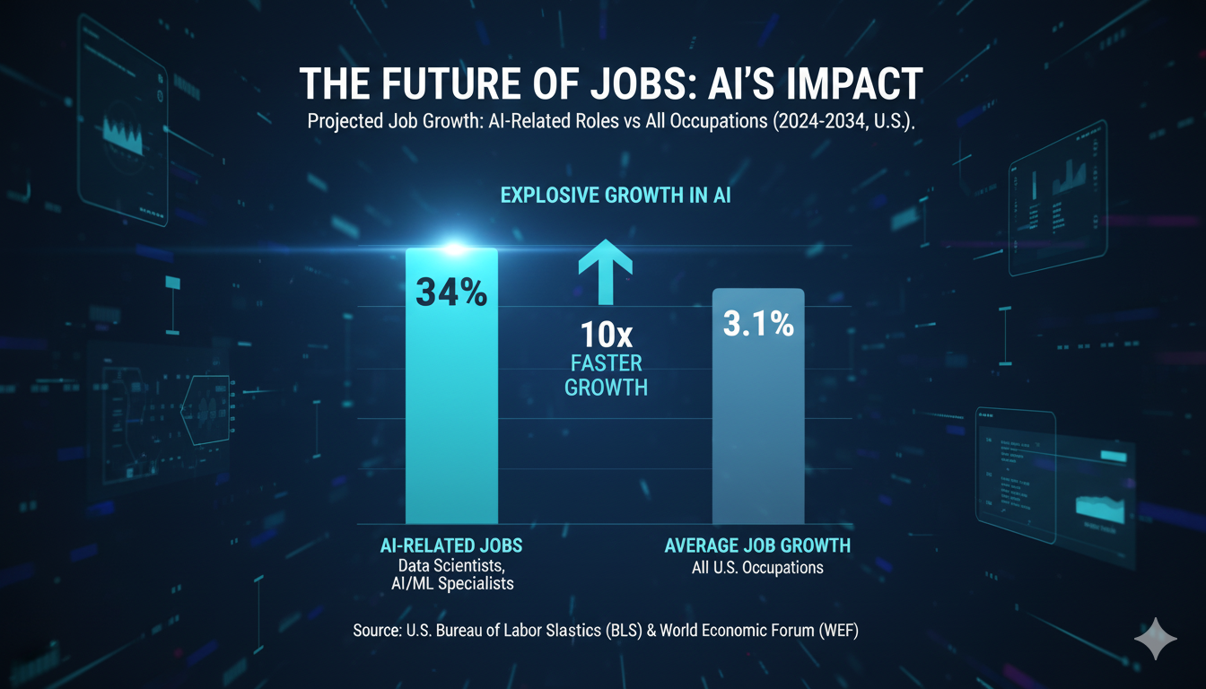  A bar chart showing the projected growth of AI-related jobs (e.g., Data Scientist, ML Engineer) compared to the average job growth rate.]