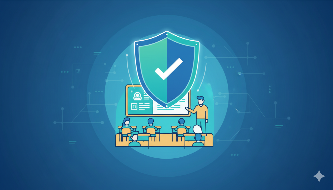 A shield icon hovering protectively over a stylized illustration of a classroom, symbolizing digital safety in education.