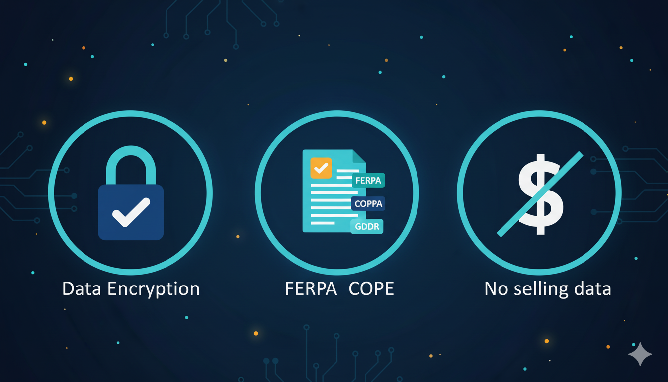 A graphic illustrating key privacy features: a lock icon for encryption, a document for compliance, and a crossed-out dollar sign for 'no selling data'.