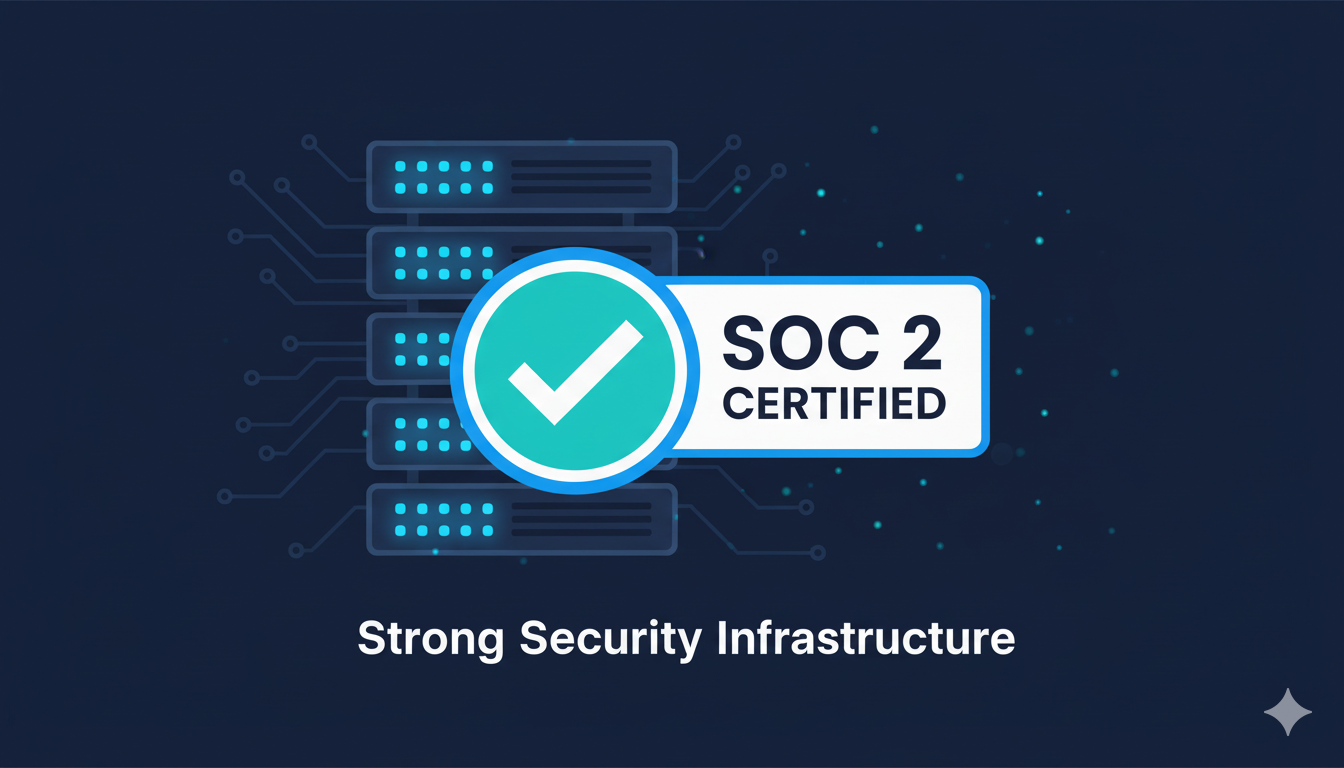 An icon of a server with a checkmark and a badge that says 'SOC 2 Certified', representing strong security infrastructure.