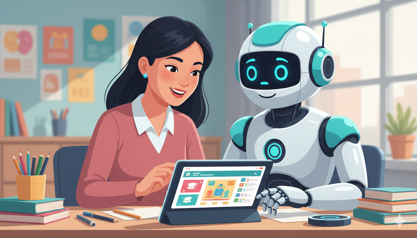 A teacher and a friendly robot side-by-side at a desk, illustrating a collaborative relationship between humans and AI in education.