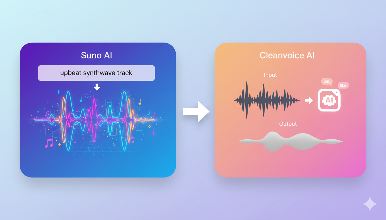 A split-screen graphic showing AI turning a text prompt into music and cleaning up a messy audio waveform.