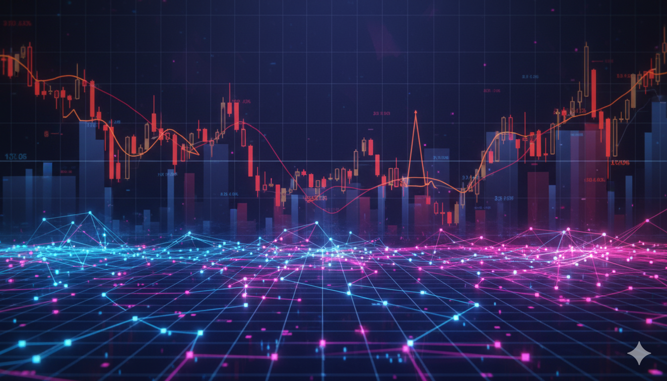 A dynamic digital landscape with glowing nodes representing AI innovation and fluctuating stock market graphs in the background.