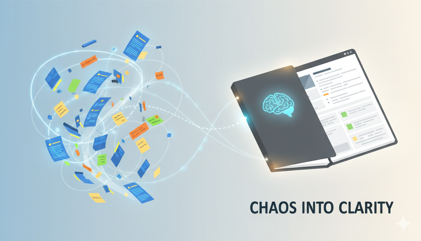 An illustration showing scattered digital notes on the left being organized into a single, glowing notebook on the right, representing NotebookLM's function.
