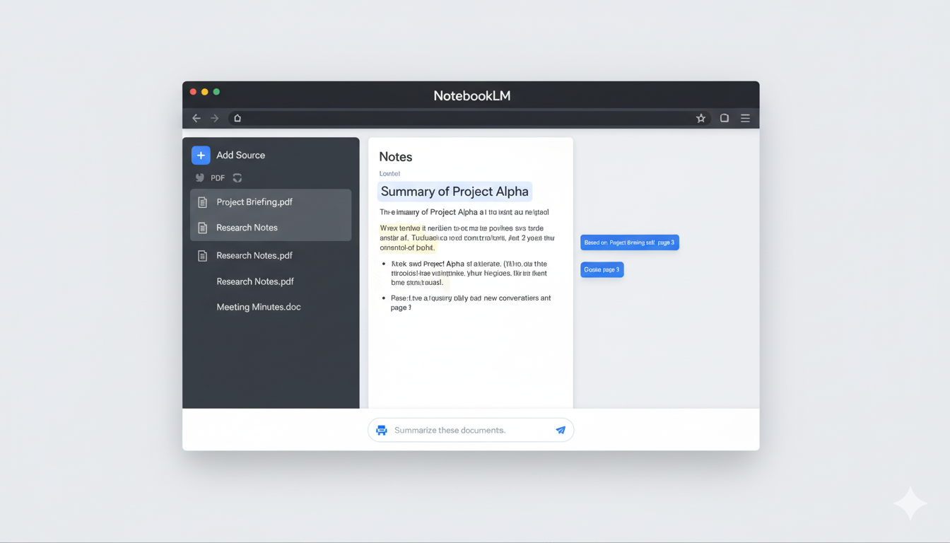 A simplified mockup of the NotebookLM user interface, showing a sources panel, a notes area, and a chat box for asking questions.