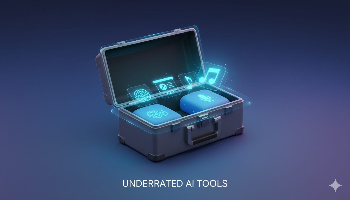 A digital toolbox with glowing AI icons representing underrated productivity tools.