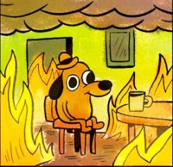 A cartoon dog sitting at a table in a room engulfed in flames, calmly stating 'This is fine.'